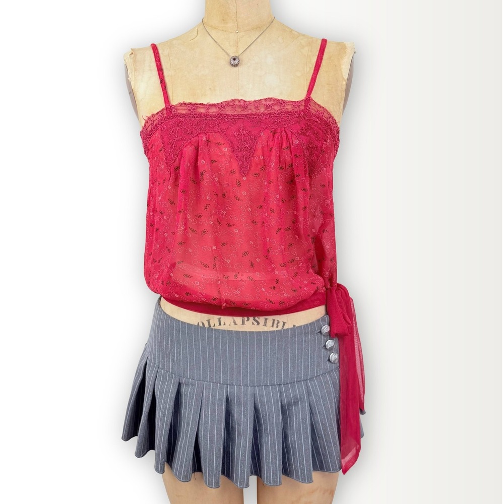 Y2K Womens M Red Sheer Cami Lace Trim Bandana Boho Fairy 2000s Summer